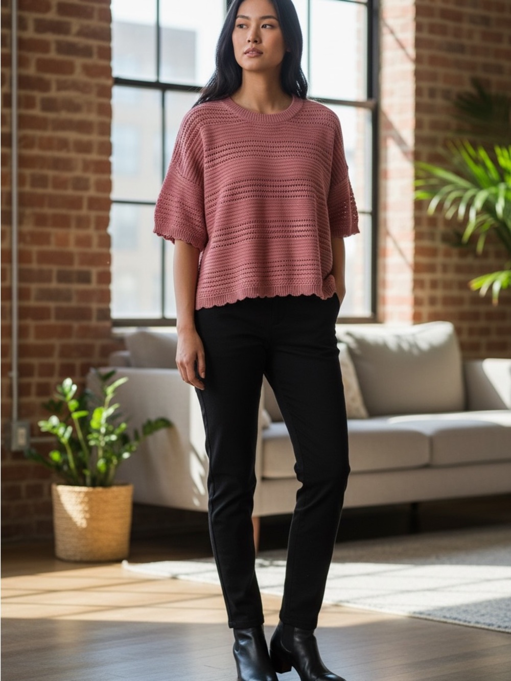 Pink Republic Rose Pink Crochet Knit Short Sleeve Sweater